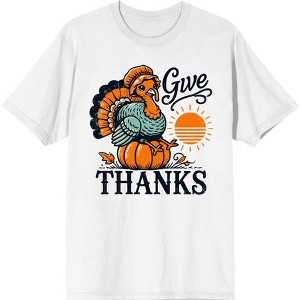 Give Thanks Turkey Sitting On Pumpkin Men's Crew Neck Short Sleeve Tee - 1 of 2