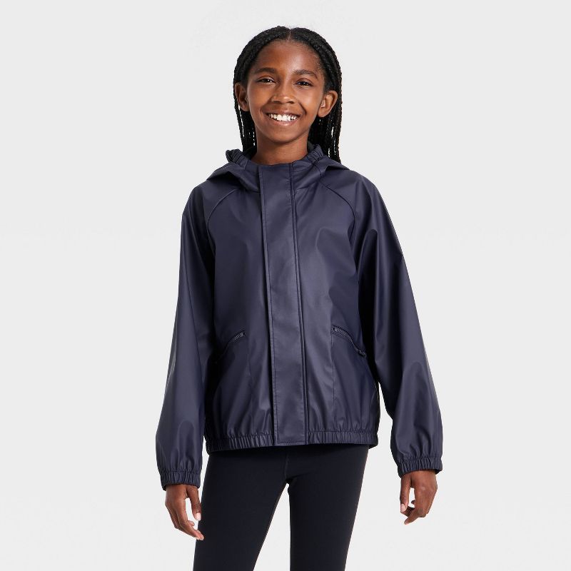 Girls' Hooded Raincoat - All in Motion™ Navy Blue XS