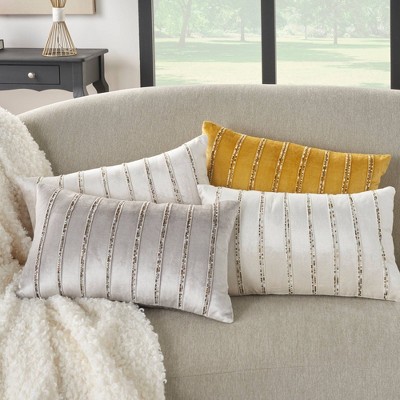 Ivory Beaded Striped Cotton Blend Lumbar Pillow