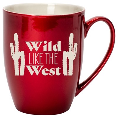 100 North Cactus Design 10 Ounce Cardinal Red Metallic Finish, Comfortably Fits Your Hands, New Bone China Coffee Tea Cup Mug, Wild Like The West