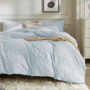 Light Blue Queen Duvet Cover Set, 3pcs Washed Microfiber, Breathable Seersucker with Zipper Ties - 1 of 4