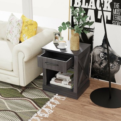 Costway Nightstand With Drawer And Shelf Rustic Wooden Bedside Table ...