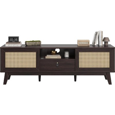 Lirago Rattan TV Stand Mid Century Modern Wood TV Media Console with Drawer and 2 Cabinets Boho Entertainment Center for Living Room