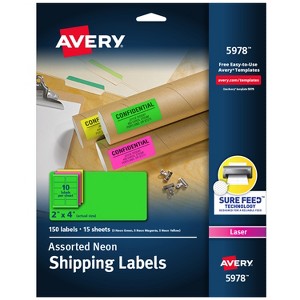 Avery Neon Shipping Labels with Sure Feed for Laser Printers, 2"x4", Assorted Colors, 150 Labels (5978) - 1 of 4