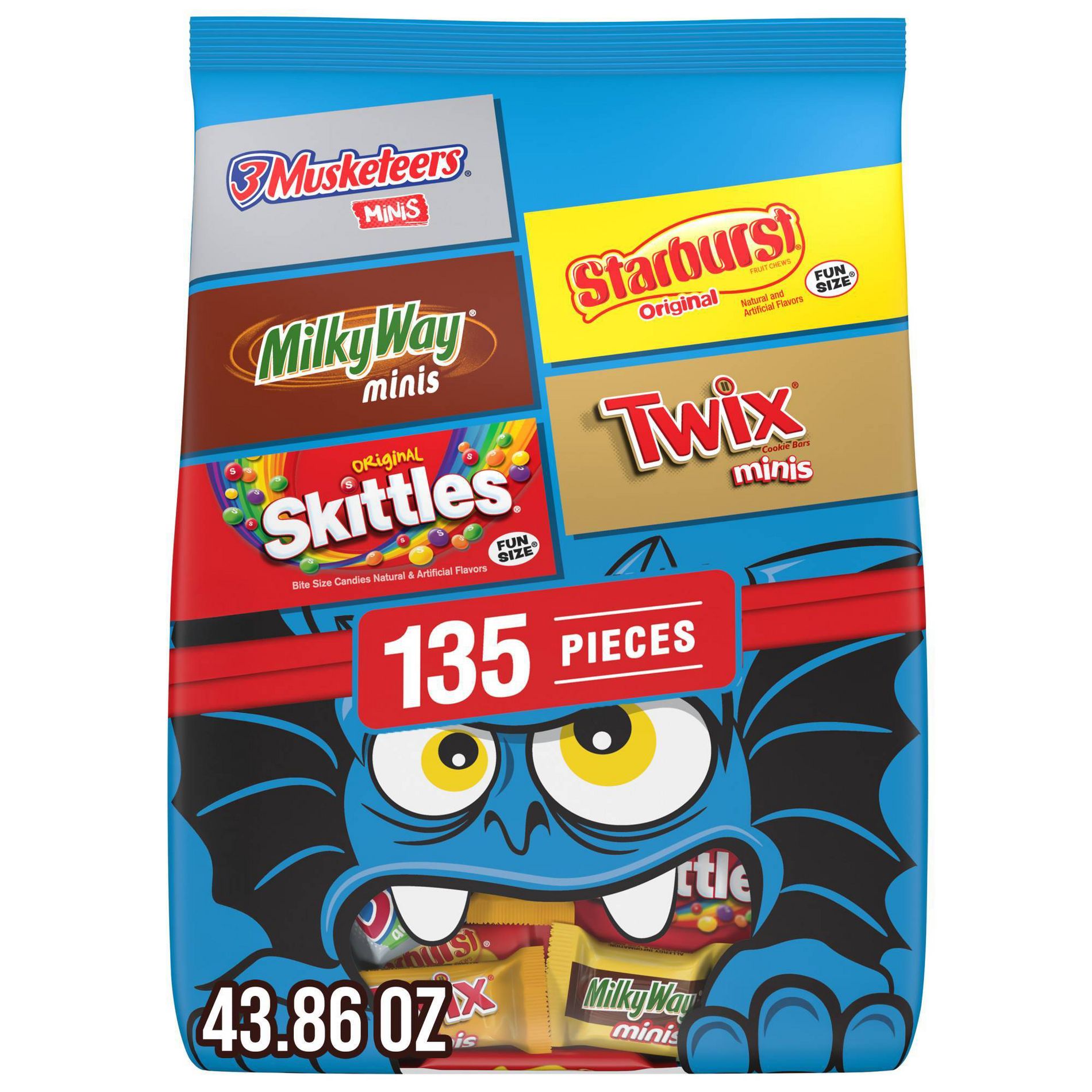 Mars - Skittles, Twix, Starburst, Milky Way & 3 Musketeers Chocolate and Fruity Trick or Treat Halloween Candy Variety Bag - 43.86oz/135ct