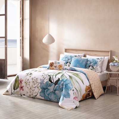 Maia King Blue Cotton Floral Reversible Comforter Set