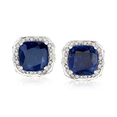 Ross-Simons 5.60 ct. t.w. Sapphire and .10 ct. t.w. White Topaz Double-Frame Stud Earrings in Sterling Silver