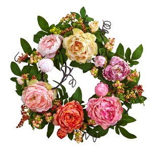 Nearly Natural 20-in Mixed Peony & Berry Wreath - 1 of 4