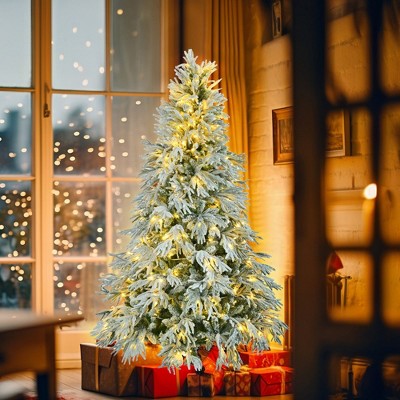LOVMOR Pre-Lit Spruce Snow Flocked Christmas Tree with Multi-Color LED Lights
