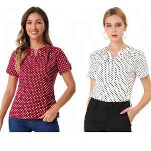 Allegra K Women's Polka Dots Print V Neck Short Sleeve Elegant Work Office Top 2 Packs - 1 of 4