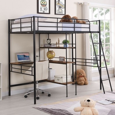 CAVINAS Twin Size Loft Bed with Desk Modern Metal Bed Frame with Storage Shelves and Inclined Ladder for Bedroom