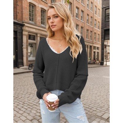 Women's V-Neck Cold Shoulder Sweater Soft Knit Winter Top Cozy Spliced Design Skin Friendly Fall Fashion
