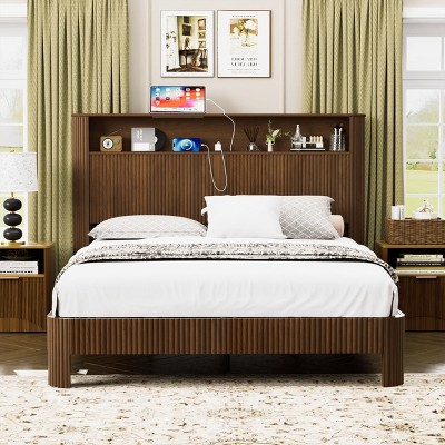 GDFStudio Damien Rustic Wooden Bed with Storage Headboard and Built-In Charging Station