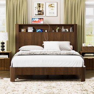 GDFStudio Damien Rustic Wooden Bed with Storage Headboard and Built-In Charging Station - 1 of 4