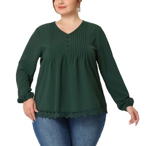 Agnes Orinda Women's Plus Size Fashion Pleated Lace Trim Hem V Neck Long Sleeve Solid Blouses - 1 of 4