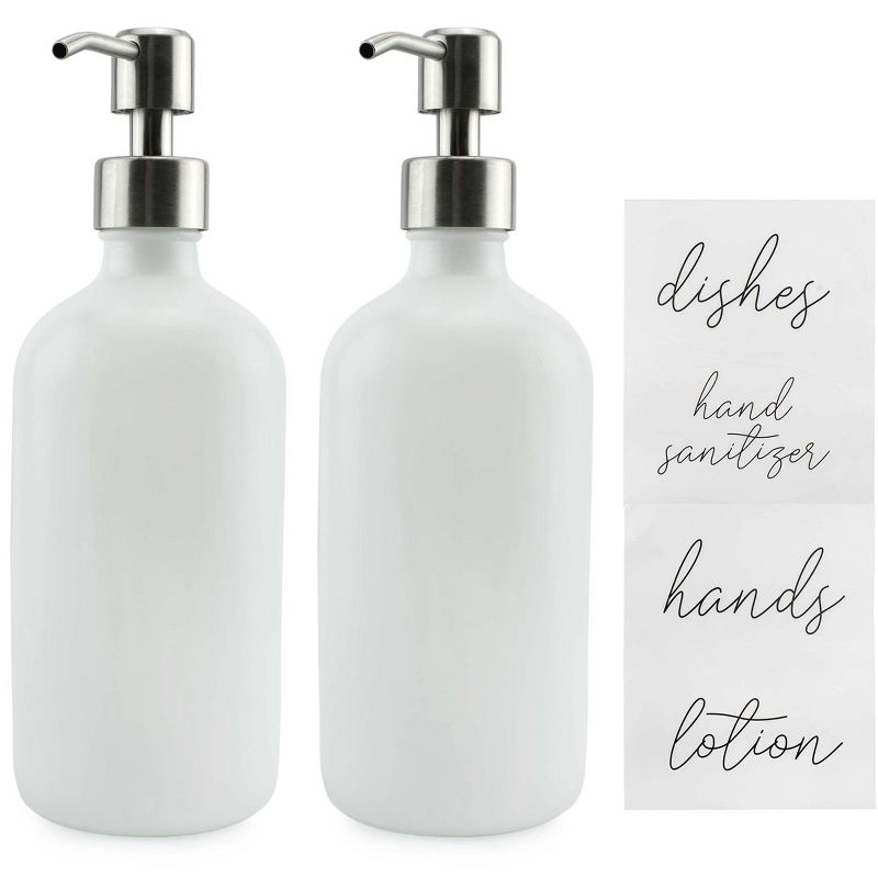 Darware 16oz White Coated Glass Soap Dispensers 2pk; w/ Stainless Steel Pumps and Labels, 1 of 7