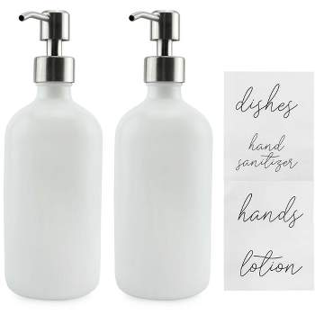 Darware 16oz White Coated Glass Soap Dispensers 2pk; w/ Stainless Steel Pumps and Labels