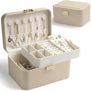 Two-Layer Jewelry Organizer Box with Large Mirror, Lock, and Hidden Hooks, Bluish Grey. - 1 of 4