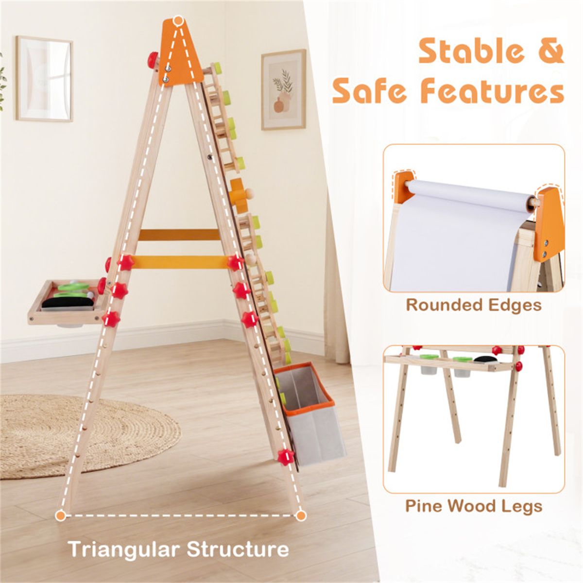 4-in-1 Kids Art Easel with Marble Run, Adjustable Height Double-Sided Drawing Easel with Paper Roll and Storage Tray for Kids 3+ - thumbnail 8