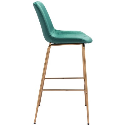 Modern Tony Green Velvet & Gold Steel Bar Stool