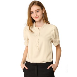 Allegra K Women's Work Office Half Placket Ruffled Puff Sleeve Blouse - 1 of 4