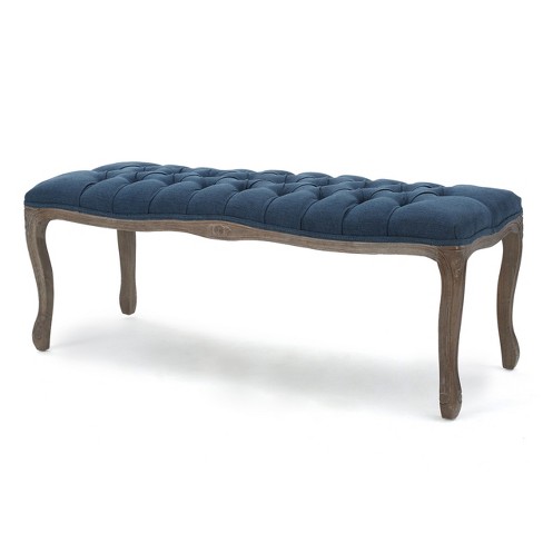 Christopher Knight Home Tassia Tufted Bench Dark Blue Upholstered Rectangular Ottoman Rubberwood Frame