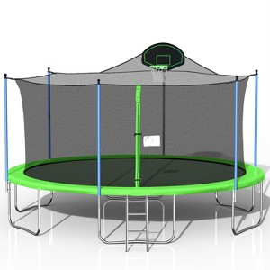 ELJGET 16 ft Trampoline for Adults/Kids with Basketball Hoop, Safety Enclosure Net & Ladder, Heavy Duty Outdoor Recreational Trampolines, Green - 1 of 4