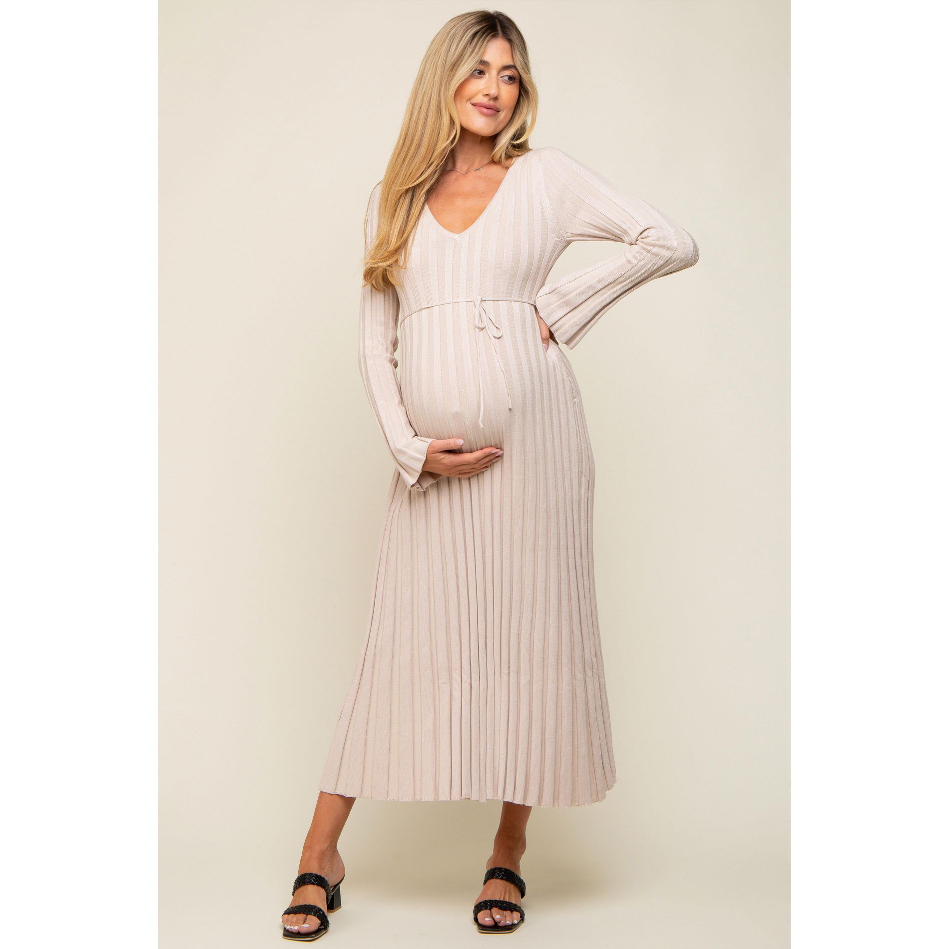 Pinkblush Taupe Ribbed Maternity Knit Maxi Dress Medium