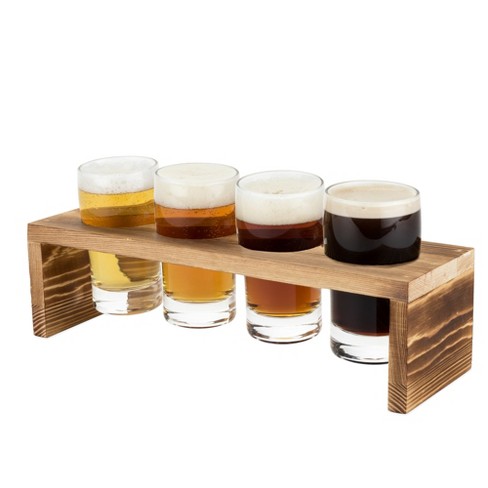 Vintage Gray Solid Wood Geometric Beer Flight Serving Set - 4 Beer Glasses
