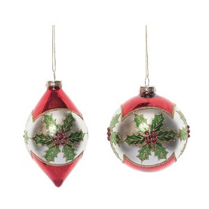 Transpac Glass Holly Ornament Set of 2 Christmas Home Decorations - 1 of 1