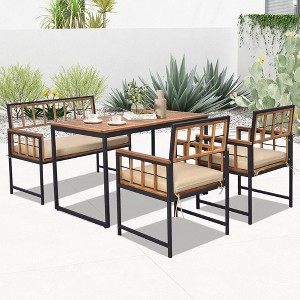 Tangkula 4 Pieces Acacia Wood Patio Dining Set w/ 1 Rectangular Table & 1 Loveseat & 2 Armchairs - 1 of 3