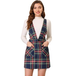 Allegra K Women's Plaid Preppy Knit Crossover V Neck Pinafore Mini Dress - 1 of 4