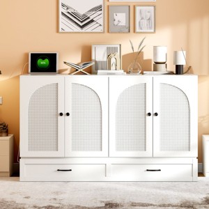 Foldable Queen Size Murphy Bed with Rattan Doors,Cabinet Bed with USB Port and Drawers for Small Spaces-The Pop Home - 1 of 4