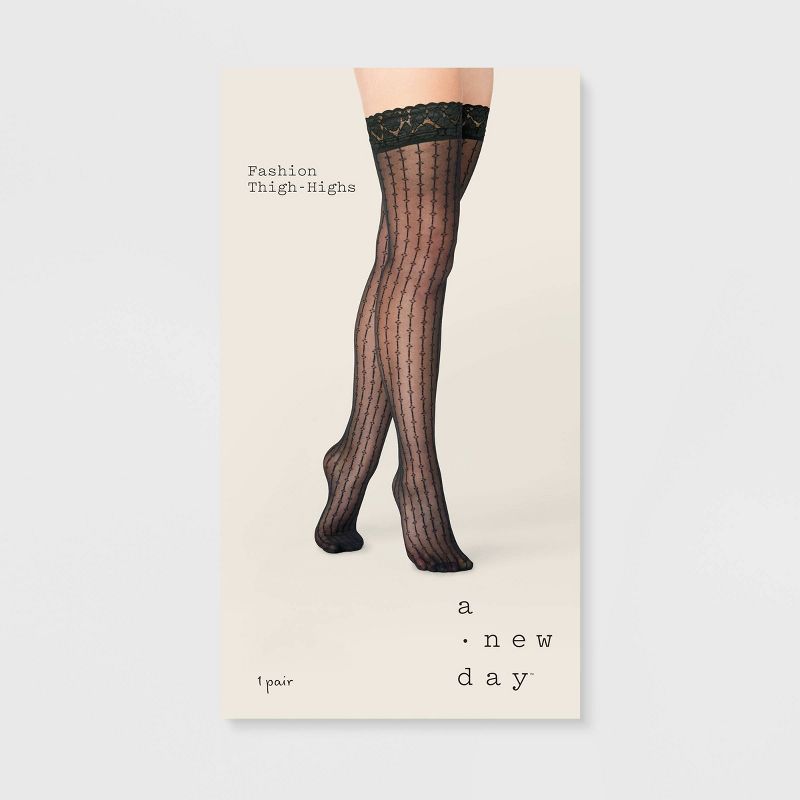 Women's Vertical Pattern Sheer Thigh Highs with Lace Trim - A New Day™ Black, 2 of 3