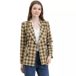Allegra K Women's Notched Lapel Double Breasted Plaid Blazer Jacket White Brown S