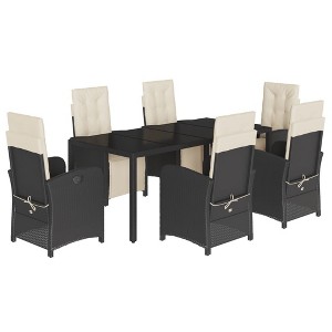vidaXL - 7 Piece Black Poly Rattan Patio Dining Set with Adjustable Cushioned Chairs and Tempered Glass Table for Outdoor/Garden/Balcony Use - 1 of 4