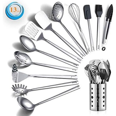 Attop Stainless Steel Cooking Utensils Set，Kitchen Tools Set With Utensil Holder Non-Stick And Heat Resistant