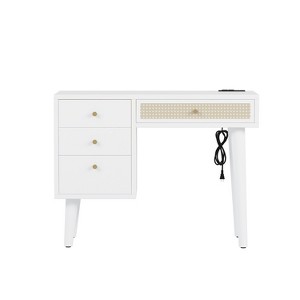 KWPZQEB 39" Bohe Makeup Vanity w/ Stool, Wooden Dressing Table w/ Charging Station & USB Port, Rattan Vanity Table w/ 4 Drawers for Bedroom - 1 of 4