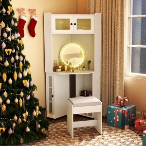 Costway Corner Vanity Desk with Mirror & Lights Compact Dressing Table with Charging Station - 1 of 4