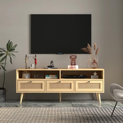 Angel Sar Rattan TV Stand for TVs up to 55 inches, Media Entertainment Center with Drawer