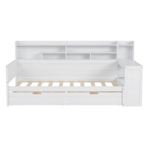 TIRAMISUBEST 91.3in Twin/ Full Daybed with Guardrails Kids Bed Trundle Desk Storage Shelves Wood Platform Bed Multifunctional Bedroom - 1 of 4