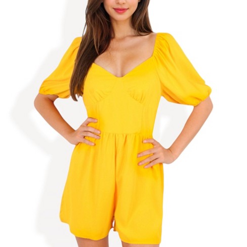 Anna kaci Women s Sweetheart Neck Puff Sleeve Romper With Fitted Waist And Flowy Shorts For Casual Or Dressy Looks X Large Yellow Target