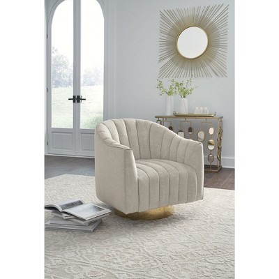 Beige Velvet Barrel Swivel Accent Chair