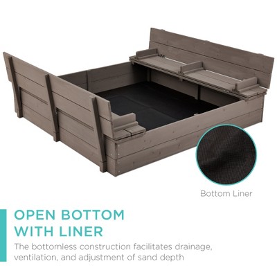 Gray Cedar Wood Kids Outdoor Sandbox with Foldable Bench Seats