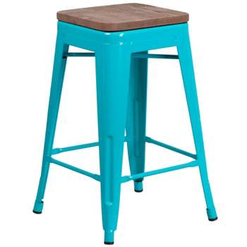 Merrick Lane Backless Metal Dining Stool with Wooden Seat for Indoor Use