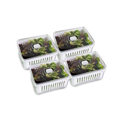 OU Fridge Organizer Bins with Drain Basket & Vented Lid, Clear Stackable Refrigerator Storage Container, Produce Kitchen Storage Bin, BPA Free, 4 Pack