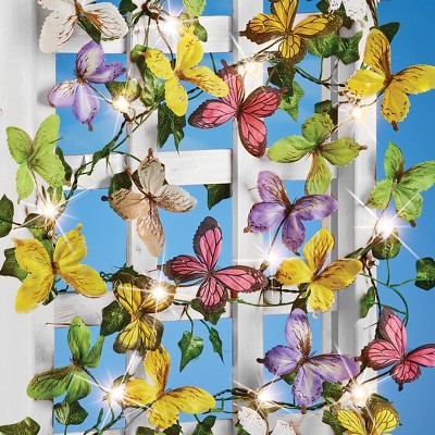 Solar LED Lighted Multicolor Butterfly Garland with Greenery, 116"