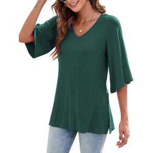 Chiffon Blouses for Women Ruffle 3/4 Sleeve Dressy V Neck Casual Flowy Tunic Tops - 1 of 4