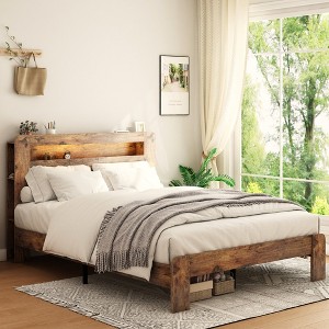 Full Size Wood Platform Bed with Storage LED Light Headboard and 4 USB - 1 of 4