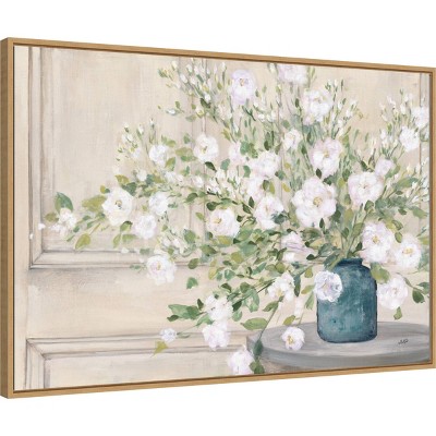 36" x 24" White Bouquet in Blue Vase Framed Canvas Print